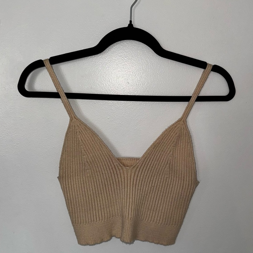 Beige Ribbed Knit Crop Top
